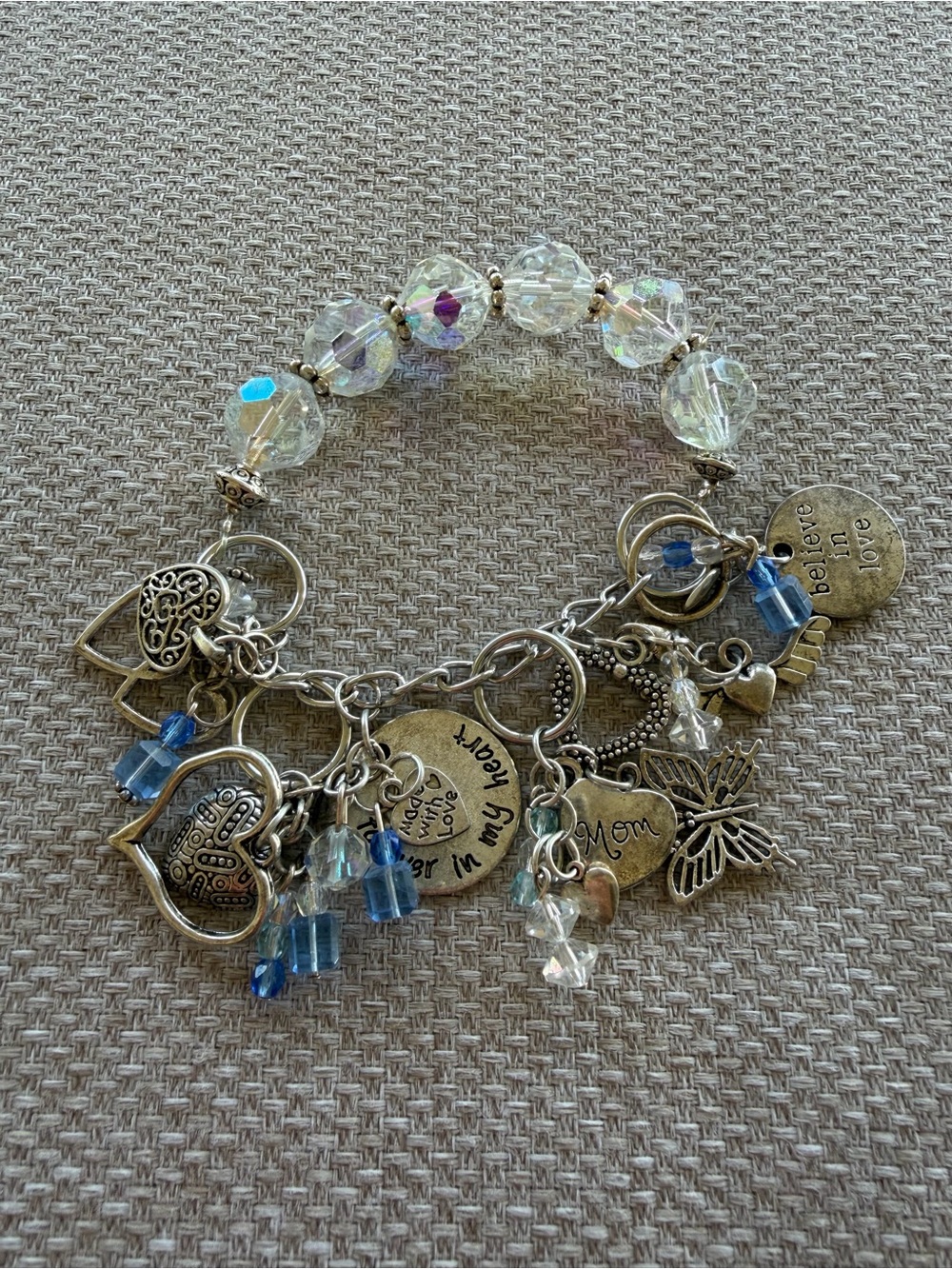 Silver-Tone Heart & Charm Beaded Bracelet with Clear and Blue Accents